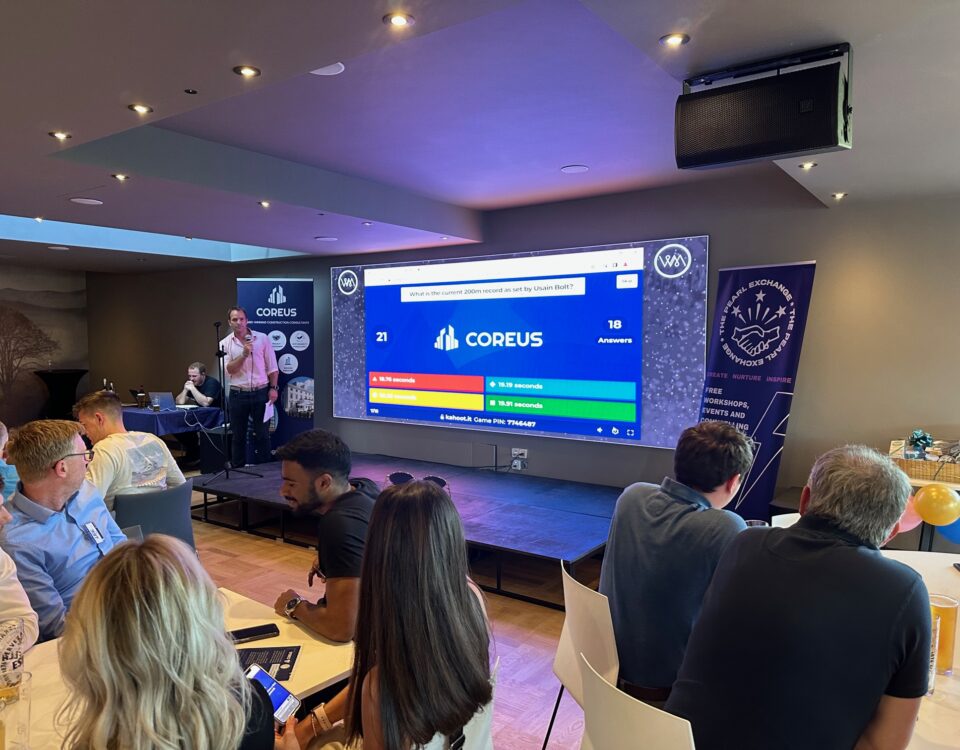 Quiz night: Quiz presentation with tables full of people